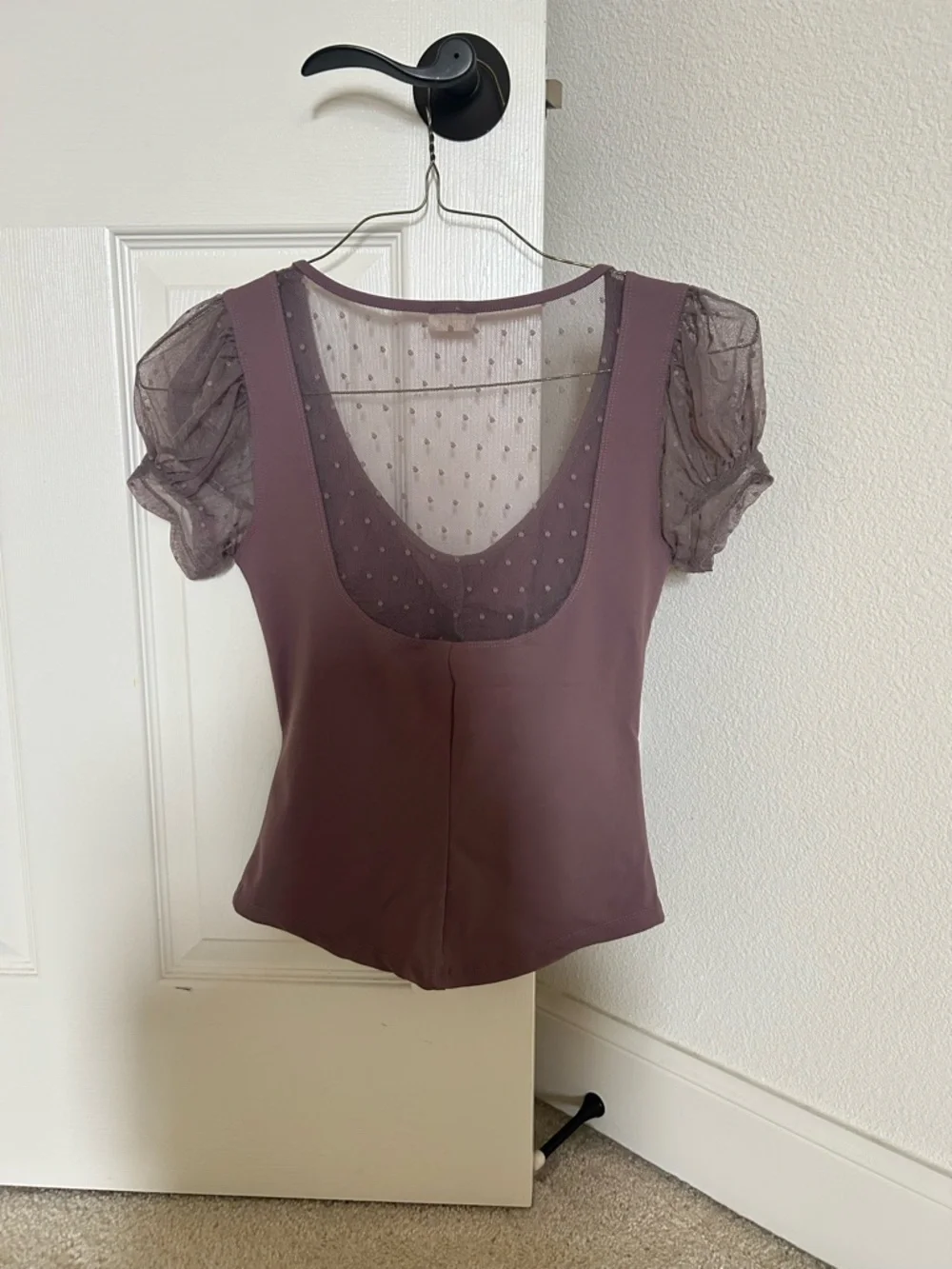 Free People Mauve Ruched Front Top with Sheer Puff Sleeves